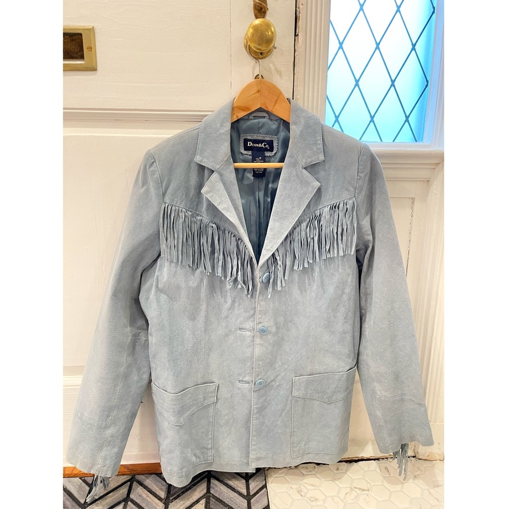 Vintage Suede Leather jacket size m western style, light blue/gray